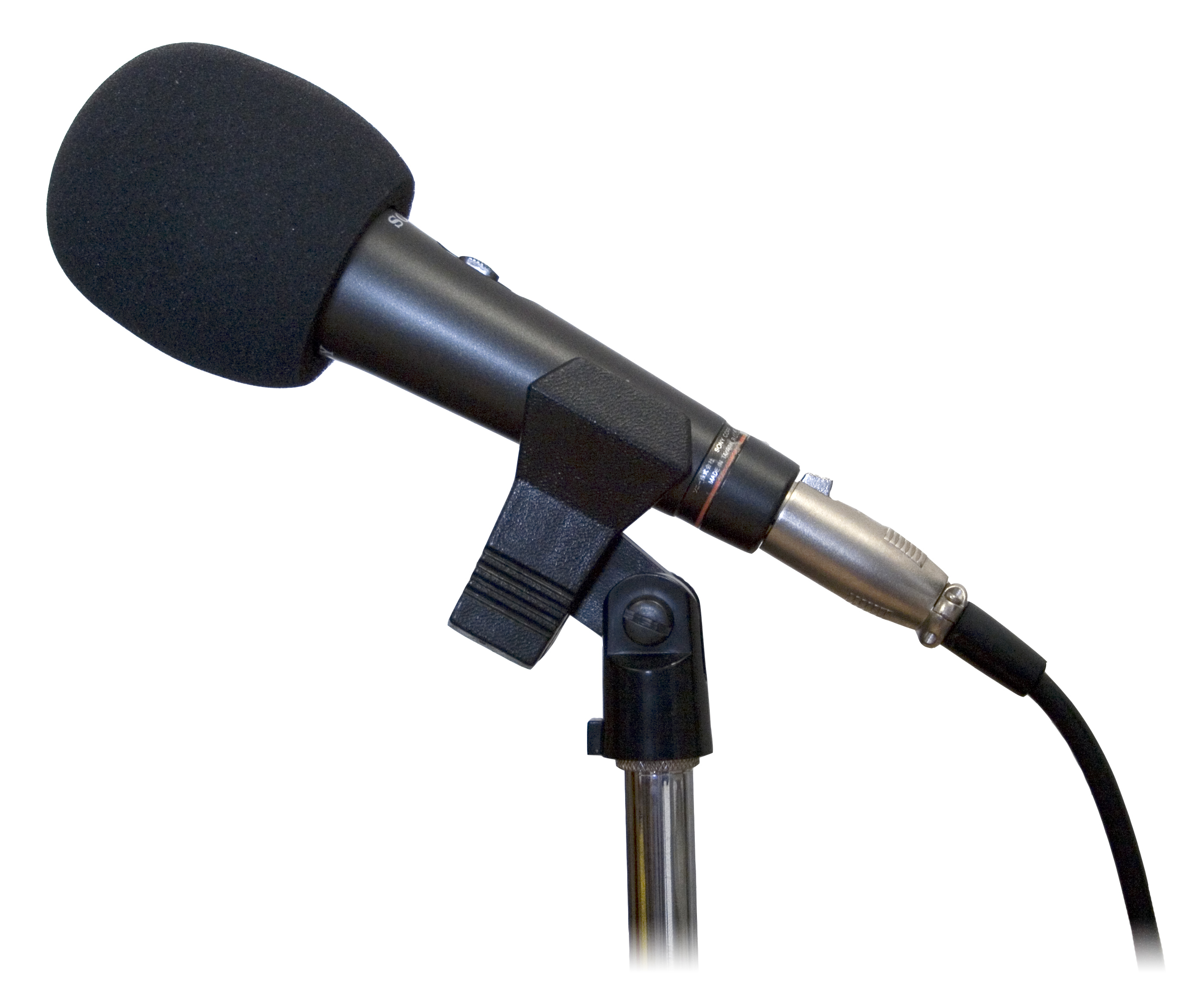 Sony studio microphone with pop shield on a white background